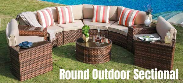 Round Outdoor Sectional Sofa with Rattan/Wicker Sides, Plush Cushions & Coffee Table