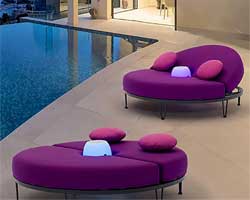 Round Outdoor Chaise Lounge with Adjustable Backrest, LED Light and Bluetooth Speaker