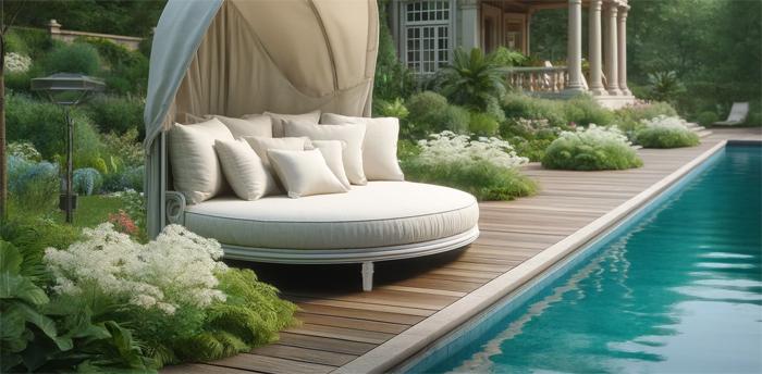 Luxury Round Daybed with Canopy in Backyard by Swimming Pool